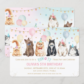 Niedlich Adortable Pawty Cats Balloons Geburtstags Einladung