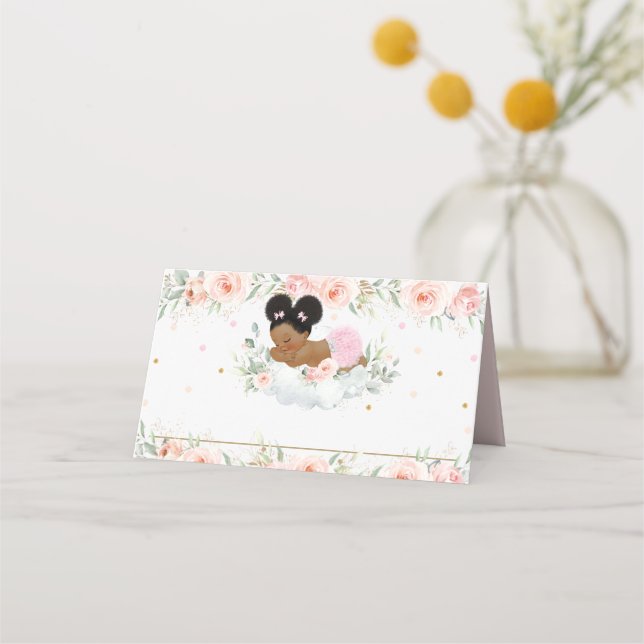 Niedlich African Afro Puff Pink Blumendusche Gebur Platzkarte (Vorderseite)