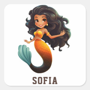 Niedlich African Mermaid Girl - Individuelle Name Quadratischer Aufkleber