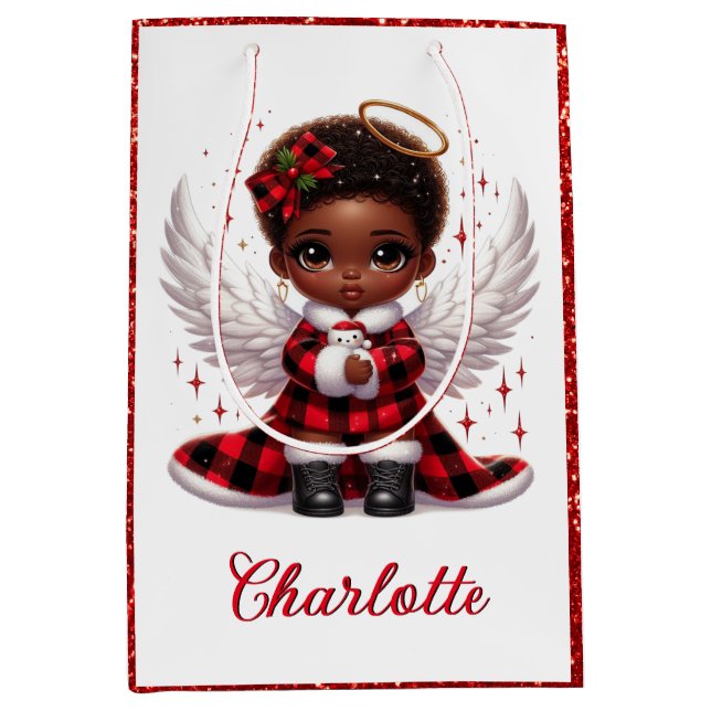Niedlich Afro Angel Little Girl Red & Black Christ Mittlere Geschenktüte (Vorderseite)