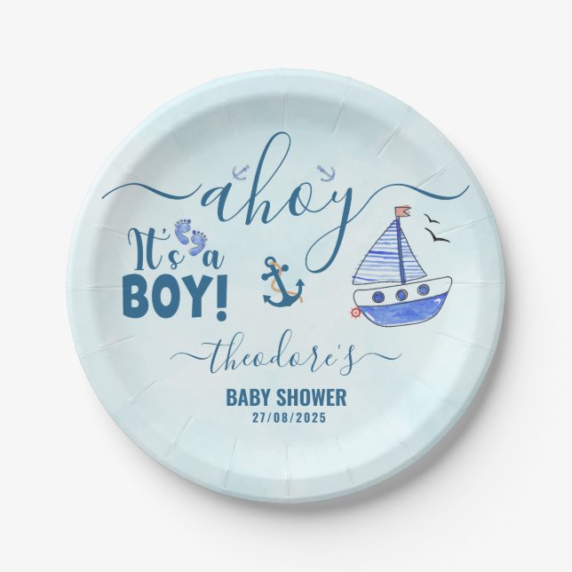 Niedlich Ahoy Es ist eine Boy Sailboat Nautical Ba Pappteller (Vorderseite)