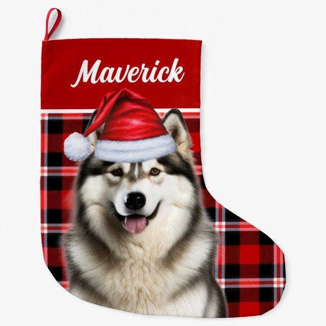 Niedlich Alaskan Malamute Urlaub Kariert Custom Großer Weihnachtsstrumpf (Vorderseite)