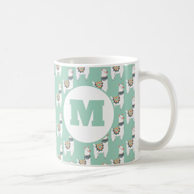 Niedlich Alpaca Llama Mint Green Monogram Kaffeetasse (Rechts)