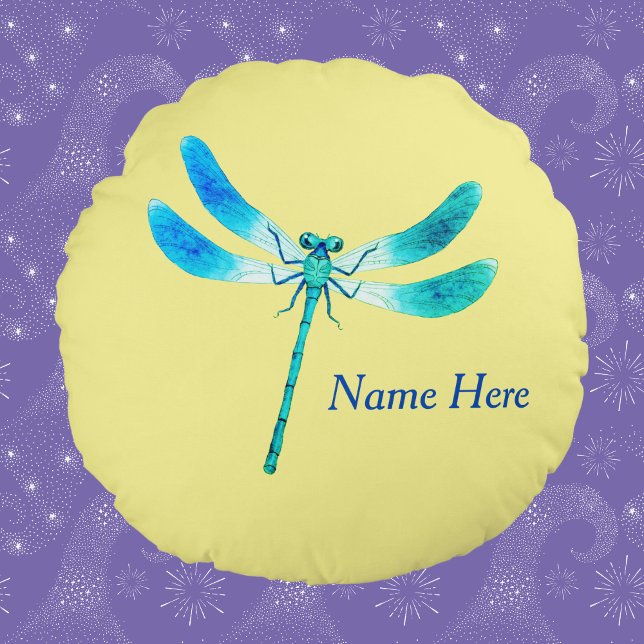 Niedlich als Bug Blue Green Dragonfly auf Light Ye Rundes Kissen (Von Creator hochgeladen)