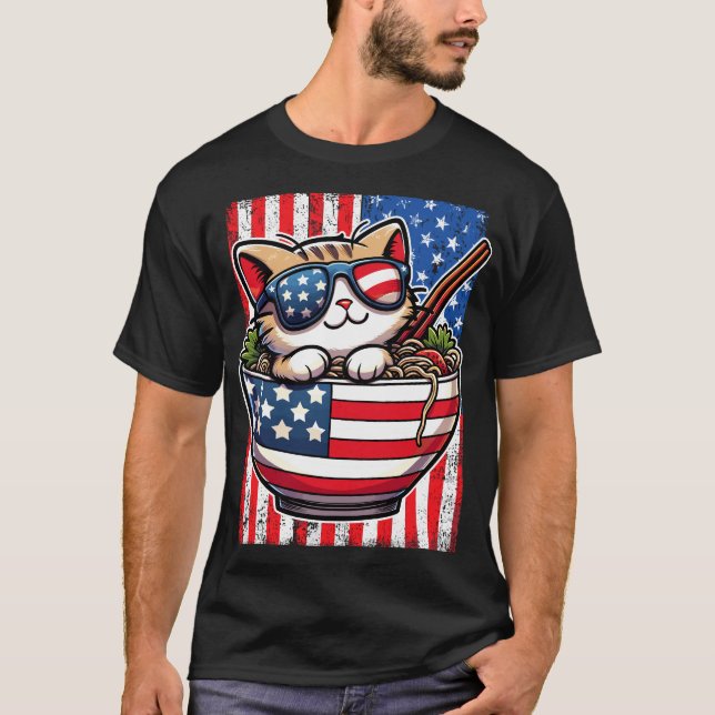 Niedlich America Cat Eating Ramen T-Shirt (Vorderseite)