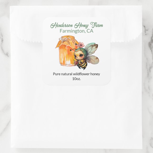 Niedlich Anime Bee Honey Jar Quadratischer Aufkleber (Tasche)