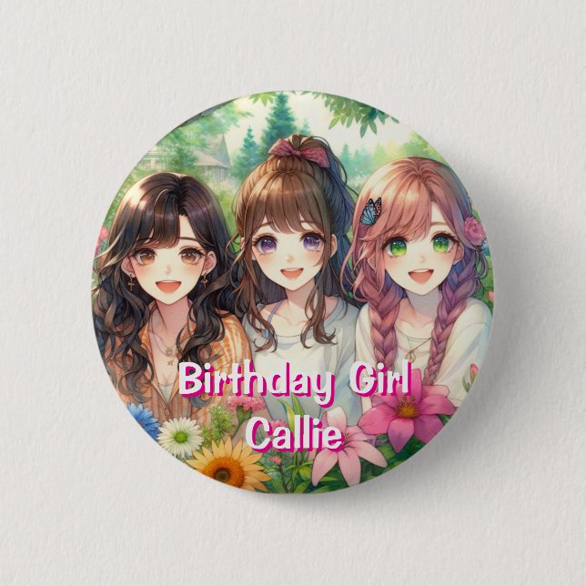 Niedlich Anime Birthday Girl Personalisiert Button (Vorderseite)