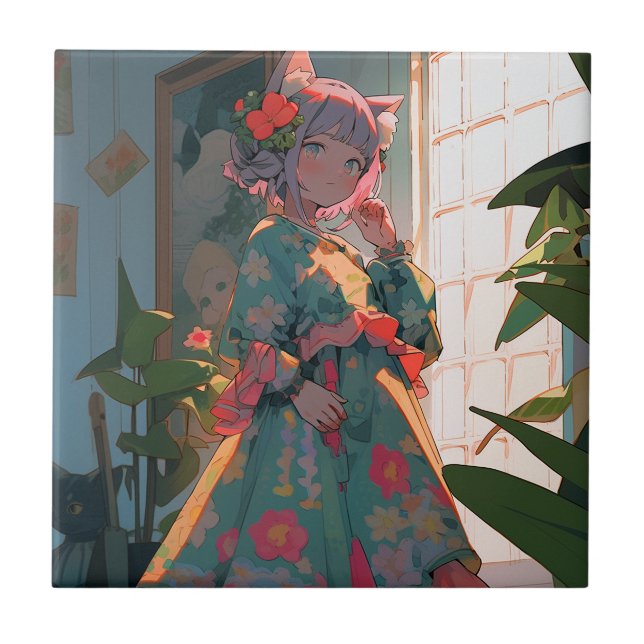 Niedlich Anime Catgirl Fliese (Vorderseite)
