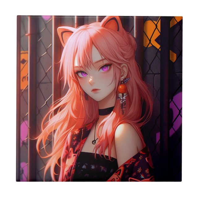 Niedlich Anime Catgirl Fliese (Vorderseite)