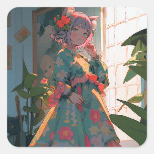 Niedlich Anime Catgirl Quadratischer Aufkleber