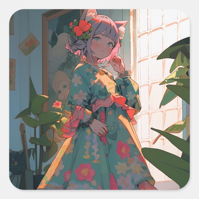 Niedlich Anime Catgirl Quadratischer Aufkleber (Vorderseite)