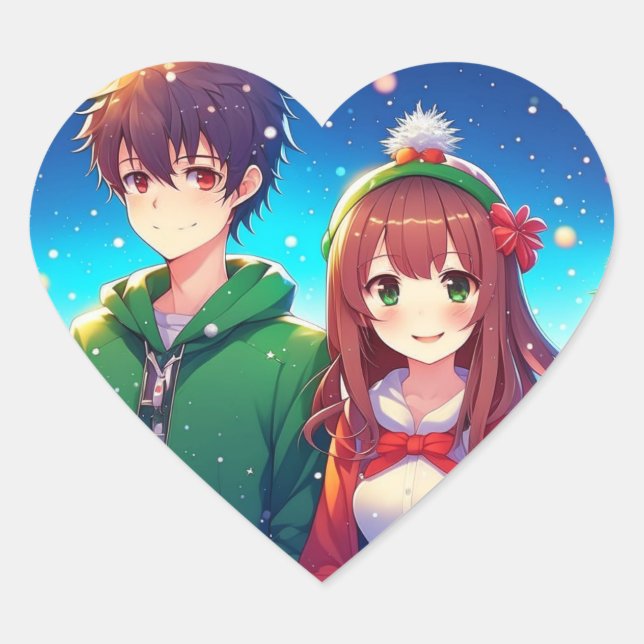Niedlich Anime Couple | Frohe Weihnachten Herz-Aufkleber (Vorderseite)
