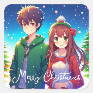 Niedlich Anime Couple Frohe Weihnachten Quadratischer Aufkleber