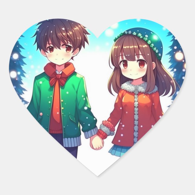 Niedlich Anime Couple Holding Hands Weihnachten Herz-Aufkleber (Vorderseite)