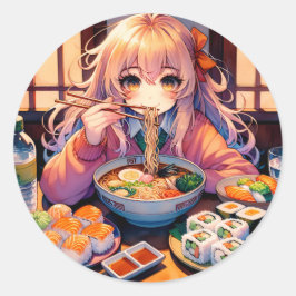 Niedlich Anime Girl Eating Ramen und Sushi Runder Aufkleber
