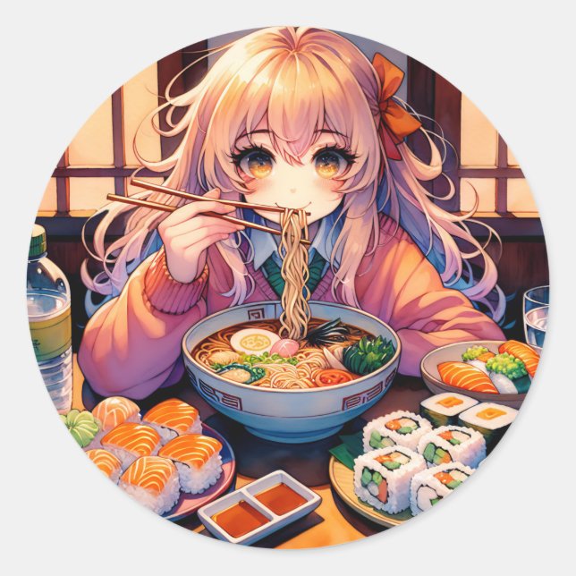 Niedlich Anime Girl Eating Ramen und Sushi Runder Aufkleber (Vorderseite)