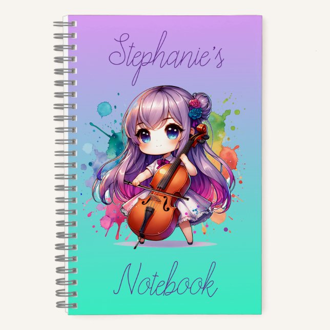 Niedlich Anime Girl Playing Cello Player Personali Notizbuch (Vorderseite)