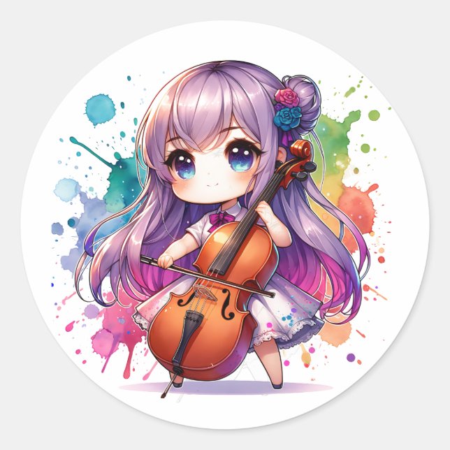 Niedlich Anime Girl Playing Cello Runder Aufkleber (Vorderseite)