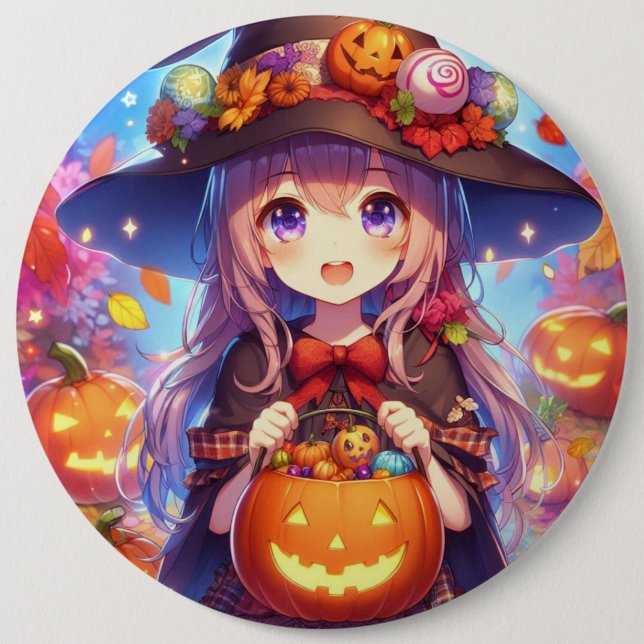 Niedlich Anime Halloween Hexe Button (Vorderseite)