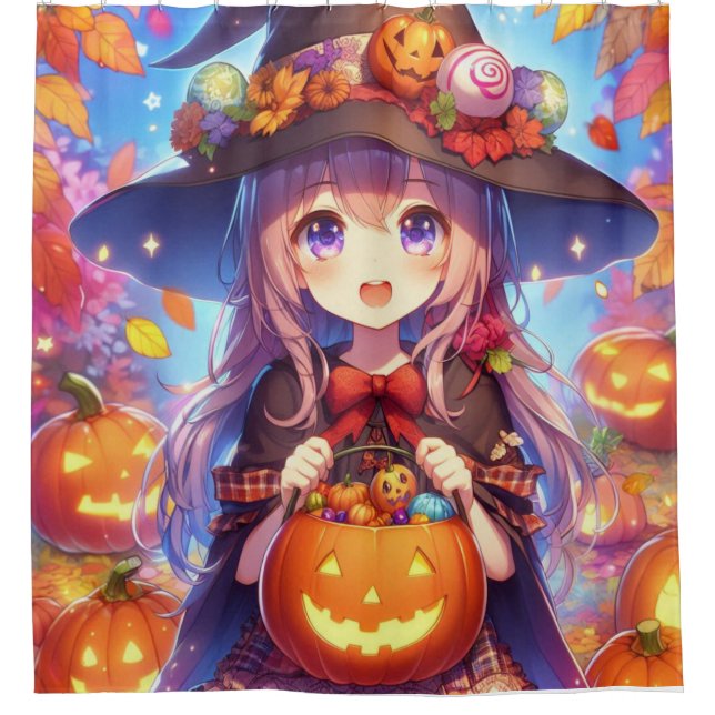 Niedlich Anime Halloween Hexe Duschvorhang (Vorderseite)