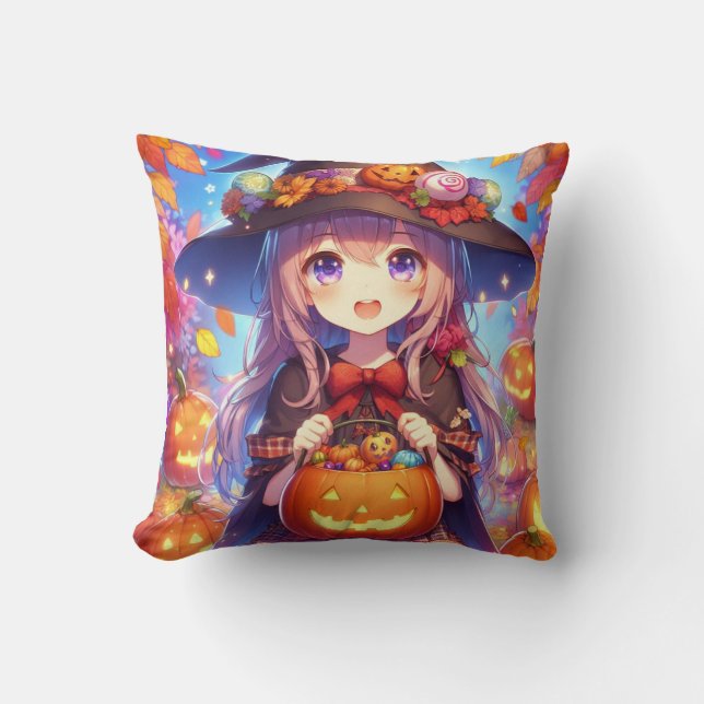 Niedlich Anime Halloween Hexe Kissen (Vorderseite)