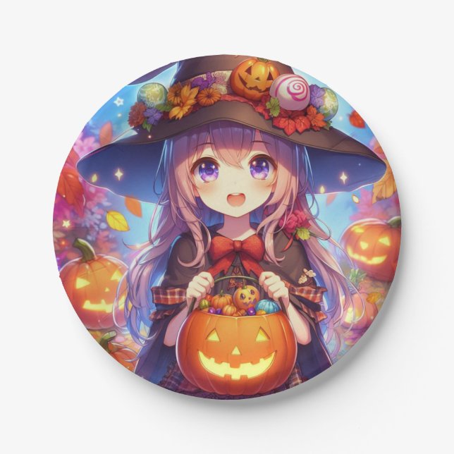 Niedlich Anime Halloween Hexe Pappteller (Vorderseite)