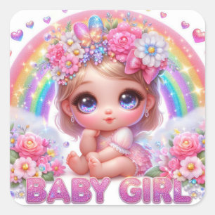 Niedlich animiertes Baby Girl Quadratischer Aufkleber