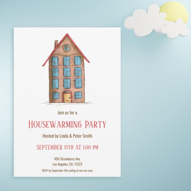 Niedlich Apartment Gebäude Neue Zuhause Housewarmi Einladung (Simple housewarming party invitation with an illustration of an apartment building)