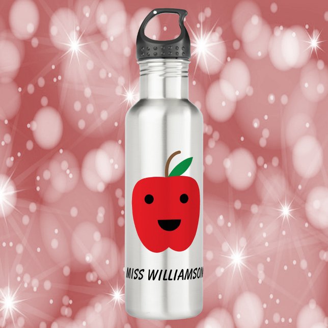 Niedlich Apple Kawaii Red Personalize Edelstahlflasche (A water bottle with a cute red apple with a smile)