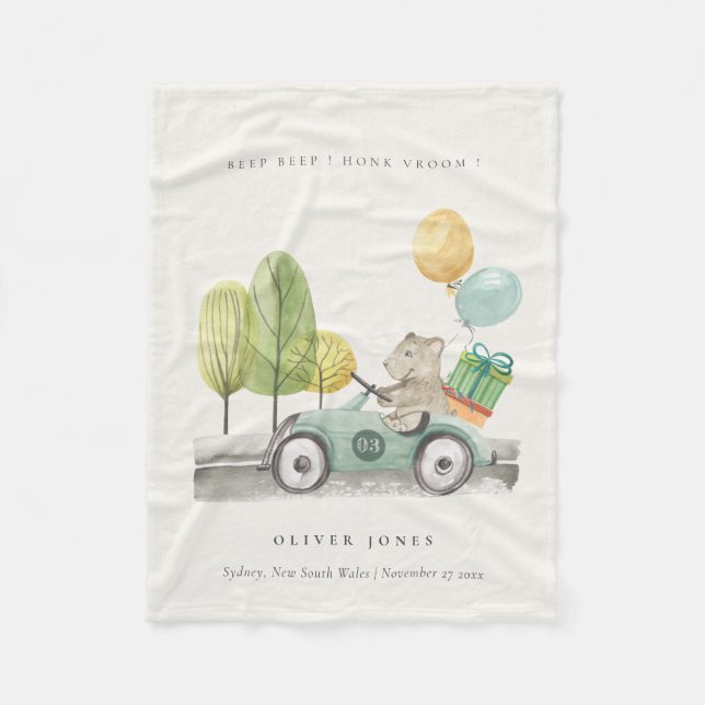 Niedlich Aqua Green Teddy Balloon Party Car Fleecedecke (Vorderseite)