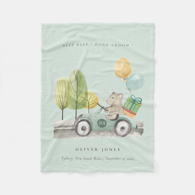 Niedlich Aqua Green Teddy Balloon Party Car Fleecedecke (Vorderseite)