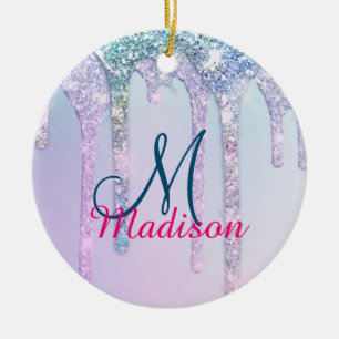 Niedlich Aqua Turquoise Unicorn Glitzer Tropfen Mo Keramik Ornament