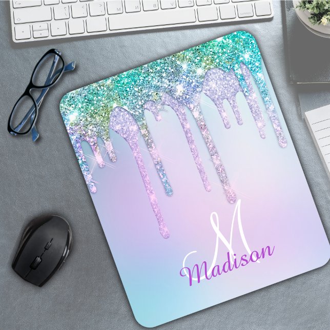 Niedlich Aqua Turquoise Unicorn Glitzer Tropfen Mo Mousepad (Von Creator hochgeladen)