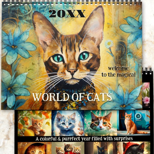 Niedlich Art Magic Cat World Kalender (An artistic calendar with colorful whimsical fantasy illustrations of cats in different styles. )
