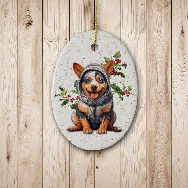 Niedlich Aussie Cattle Dog Christmas Holly Keramik Ornament (Von Creator hochgeladen)