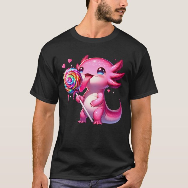 Niedlich Axolotl Pink Eating Lollipop Kawaii Anime T-Shirt (Vorderseite)