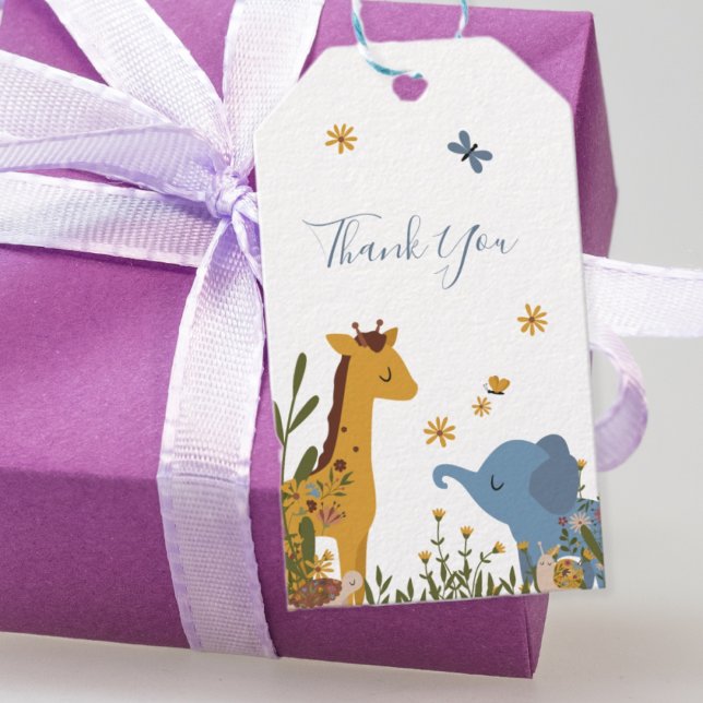 Niedlich Baby Animals Floral Baby Dusche Geschenkanhänger (Cute Jungle Animals Giraffe Elephant Baby Shower ©Sunny Mind Design 🌞 - Susanne Sachers )