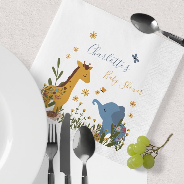 Niedlich Baby Animals Floral Baby Dusche Serviette (Animals Giraffe Elephant Turtle Snail Baby Shower Napkins ©Susanne Sachers - Sunny Mind Design 🌞)