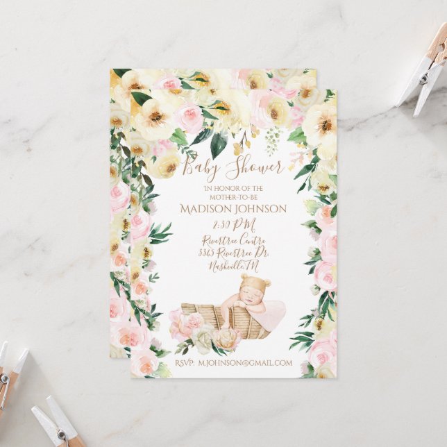 Niedlich Baby Basket Floral Baby Dusche Einladung (Vorderseite/Rückseite Beispiel)