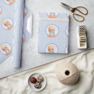 Niedlich Baby Bear Blue Gingham Geschenkpapier