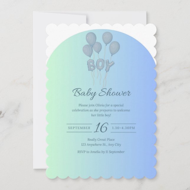 Niedlich Baby Blue Baby Dusche Einladung mit Ballo (Vorderseite)