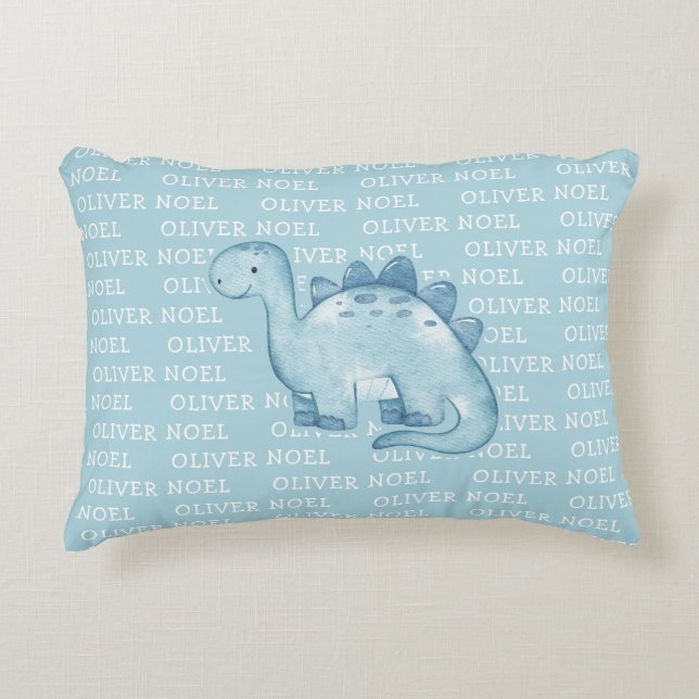 Niedlich Baby Blue Dinosaurier mit Name Watercolor Dekokissen (Vorderseite)