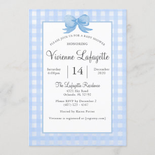 Niedlich Baby Blue Gingham mit Bow Baby Dusche Einladung