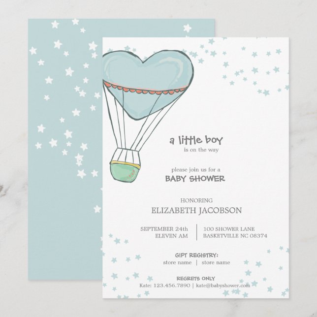 Niedlich Baby Blue Heißluftballon Babydusche Einladung (Vorne/Hinten)