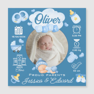 Niedlich Baby Boy Birth Stats Blue Neuborn Moderne Magnetkarte