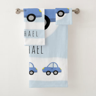 Niedlich Baby Boy Blue Car Vehicle & Name Badhandtuch Set