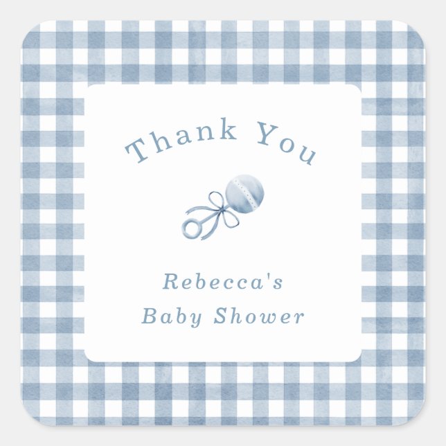 Niedlich Baby Boy Blue Gingham mit Rattle Danke Quadratischer Aufkleber (Vorderseite)