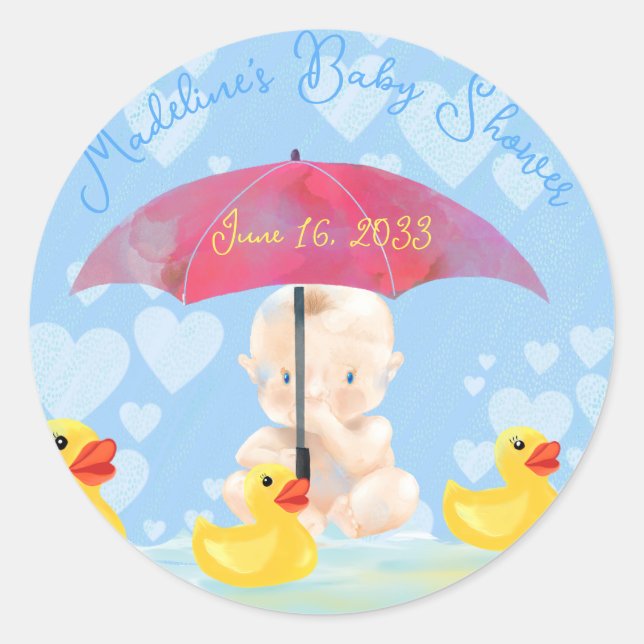 Niedlich Baby Boy Ducky und Umbrella Round Baby Du Runder Aufkleber (Vorderseite)
