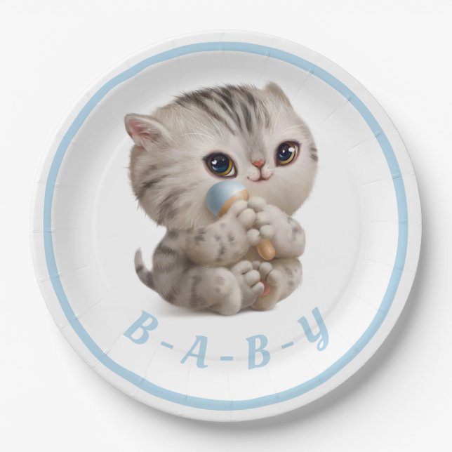 Niedlich Baby Boy Kitten Hand Drawn Blue Typografy Pappteller (Vorderseite)