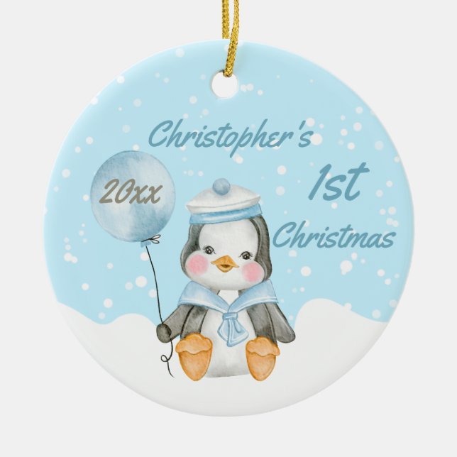 Niedlich Baby Boy Penguin's First Christmas Blue Keramik Ornament (Vorne)